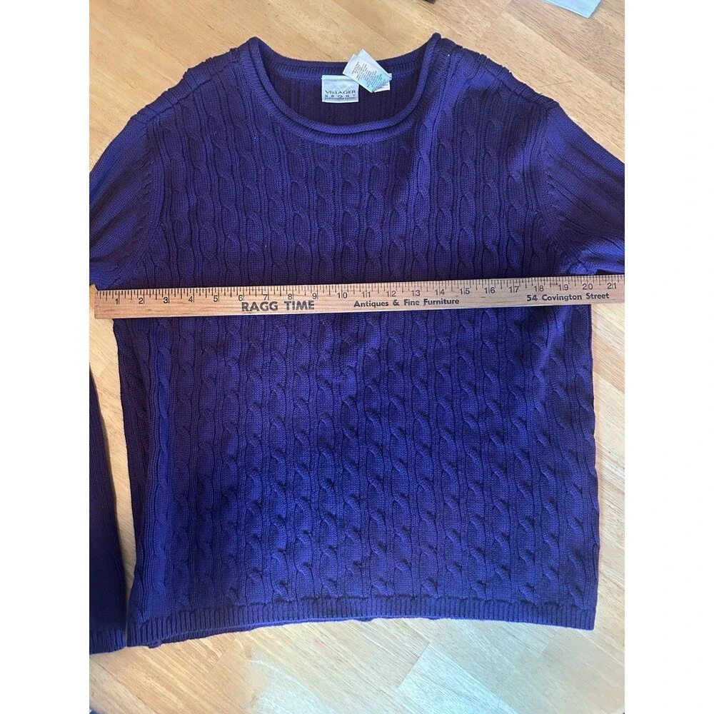 Eggplant Purple Cable Knit Sweater Women XL 100% Cotton Villager Sport Claiborne - Picture 4 of 10